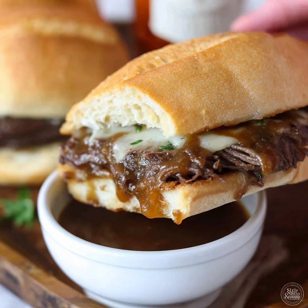 Delicious slow cooker French dip sandwiches served with Au Jus sauce