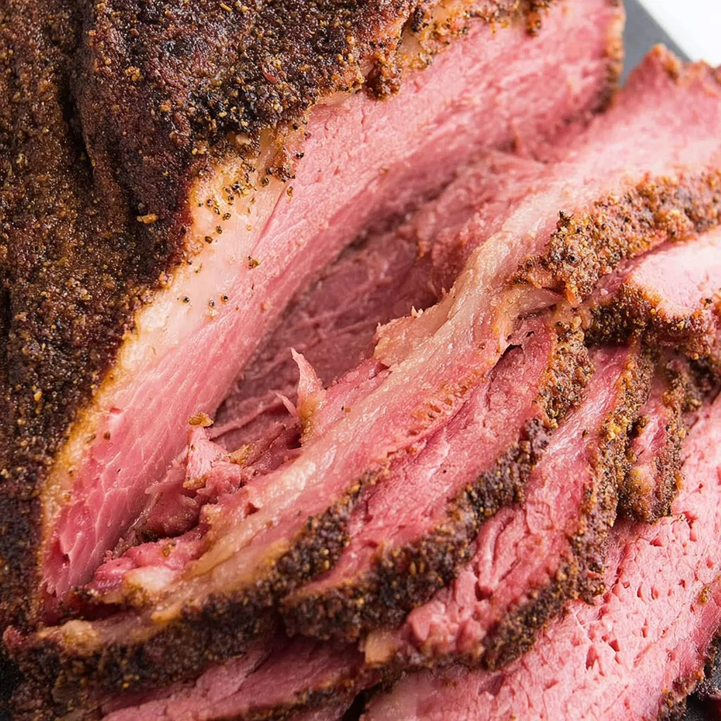 Smoked corned beef brisket on a cutting board, garnished with herbs.