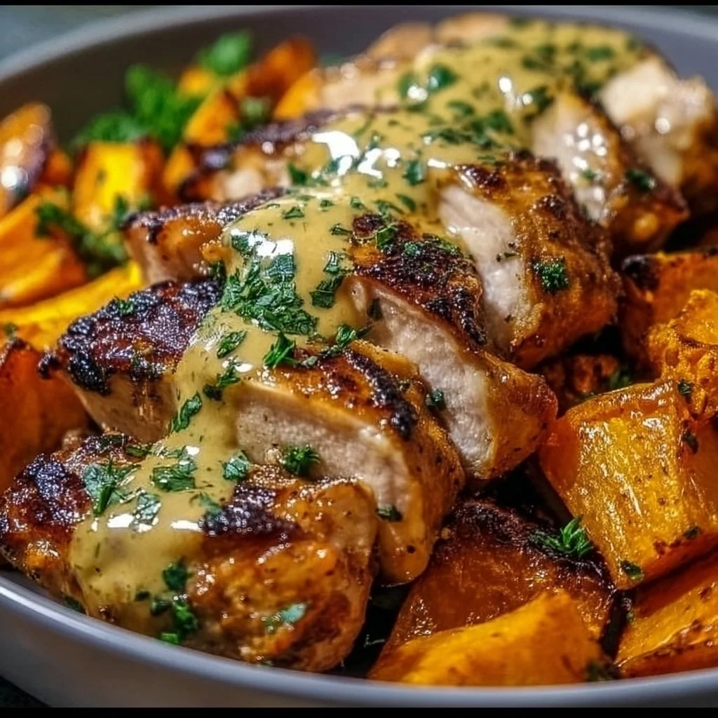 Smoky glazed chicken thighs served with caramelized sweet potatoes on a plate