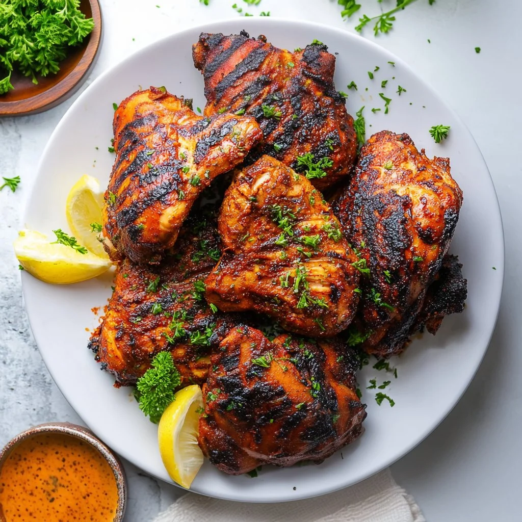Delicious smoky grilled paprika chicken on a plate with herbs