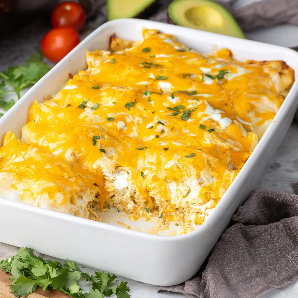 Delicious sour cream enchilada casserole served in a dish with toppings.
