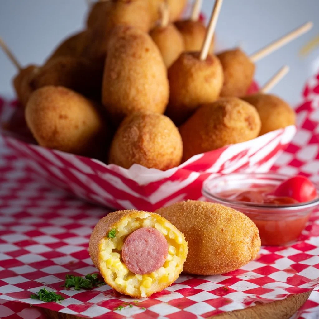 Plate of crispy sourdough discard corn dog bites served with dipping sauce