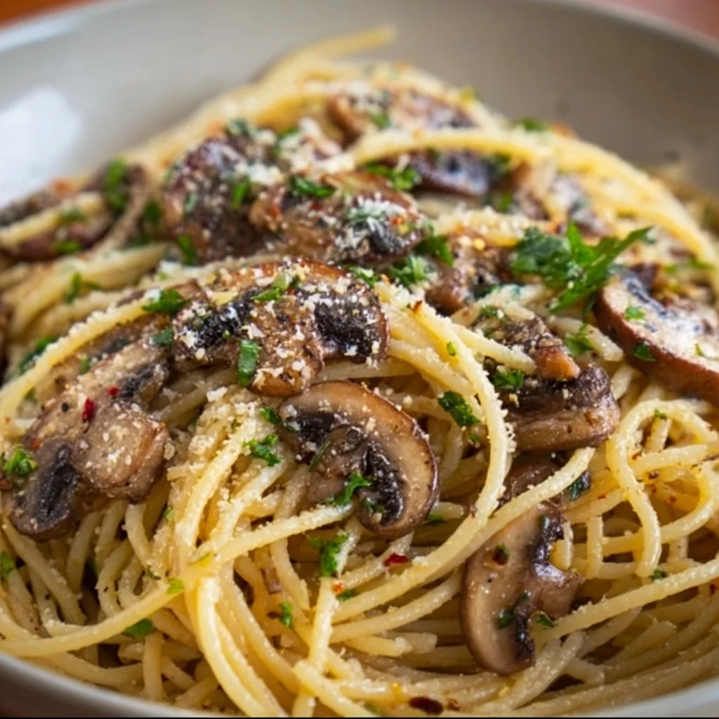 Plate of spaghetti served with mushroom, garlic, and butter sauce