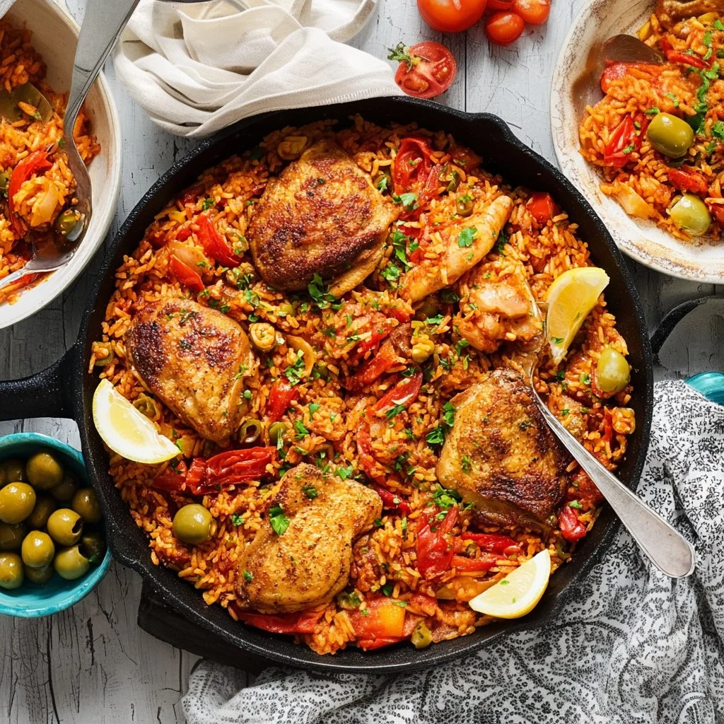 Delicious Spanish chicken and rice in a one-pot meal, garnished with herbs.