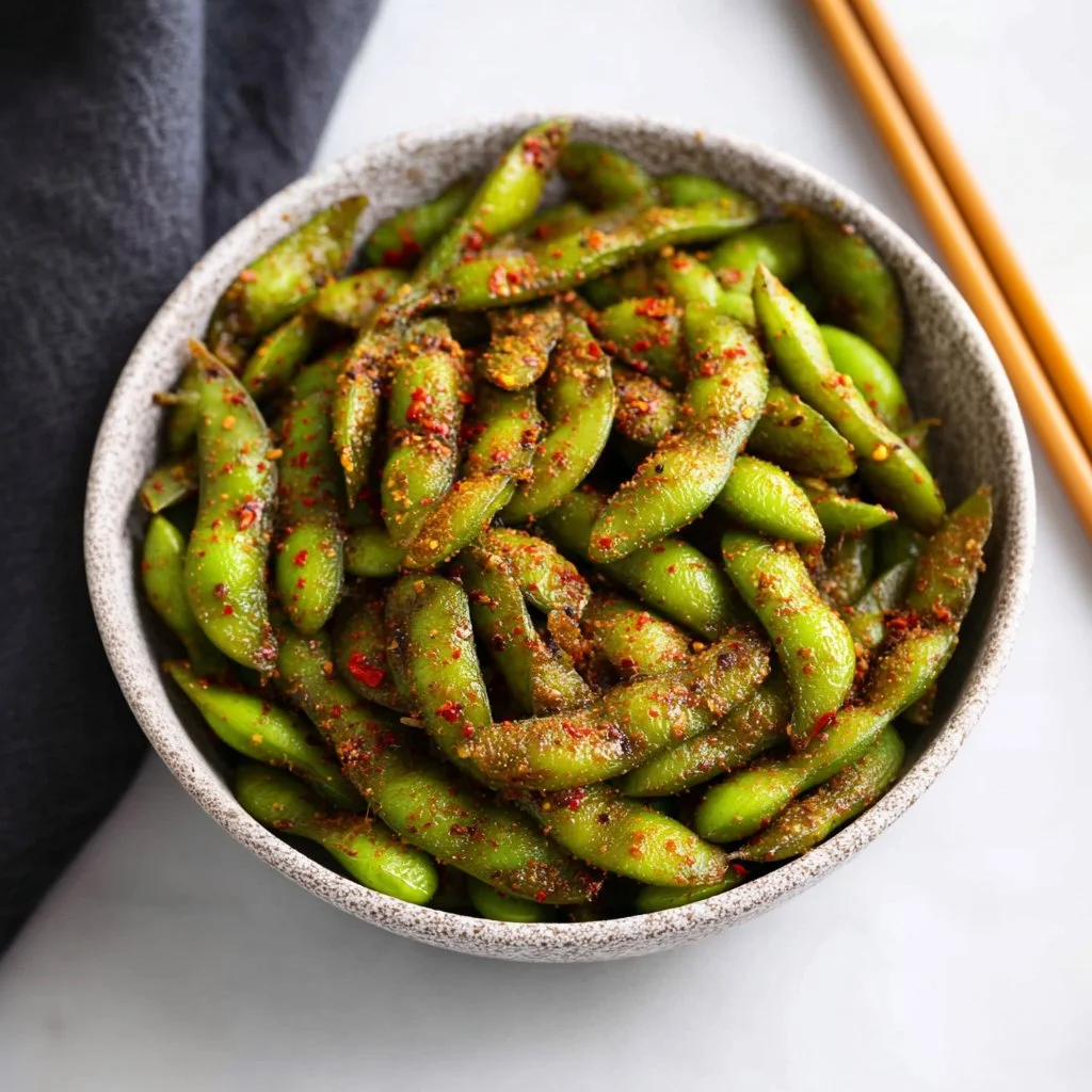 Bowl of spicy garlic edamame with vibrant green soybeans and garlic seasoning
