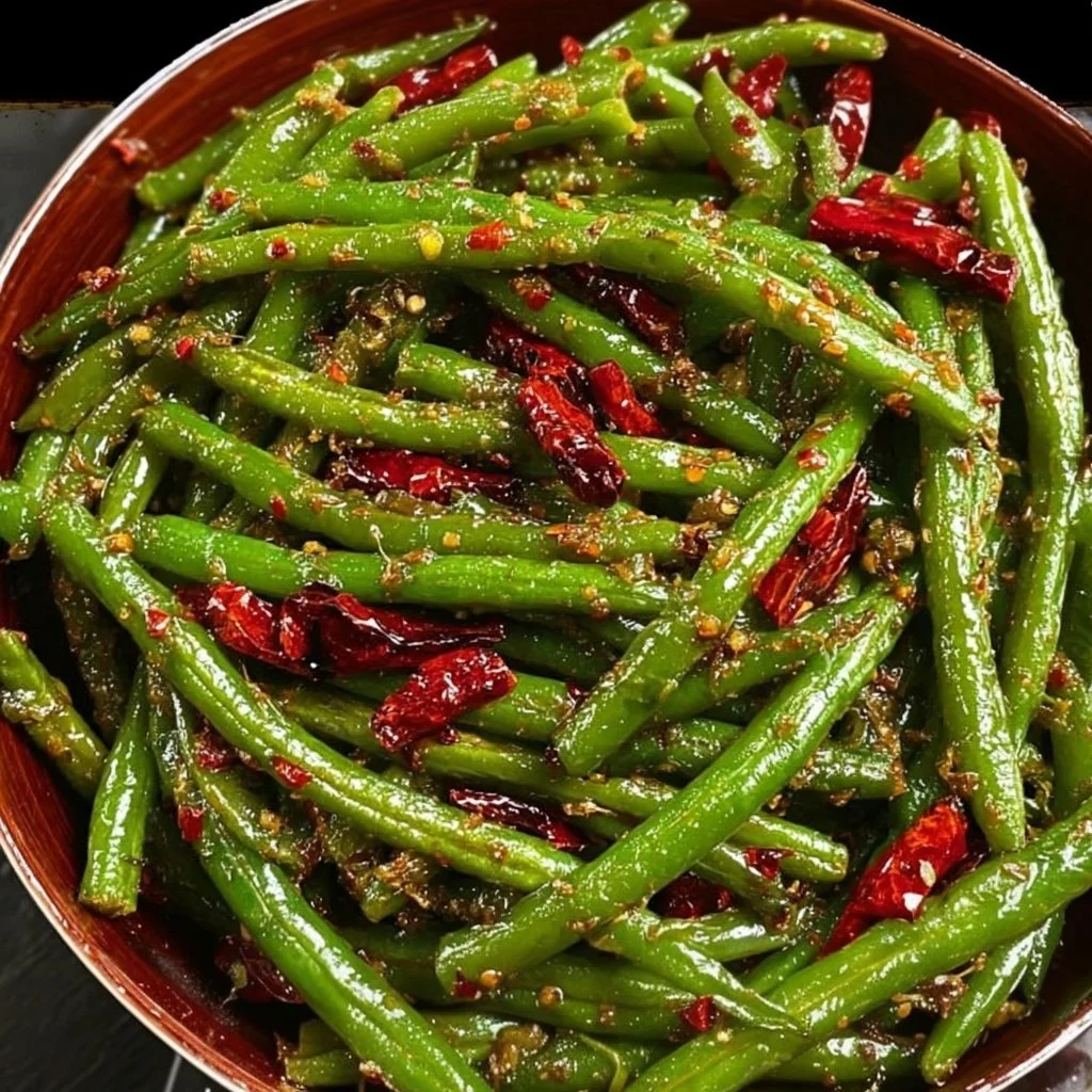 Spicy stir-fried green beans with garlic and chili peppers