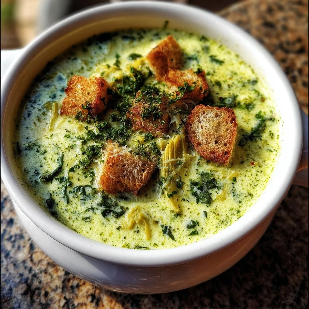 Bowl of creamy spinach artichoke soup garnished with herbs