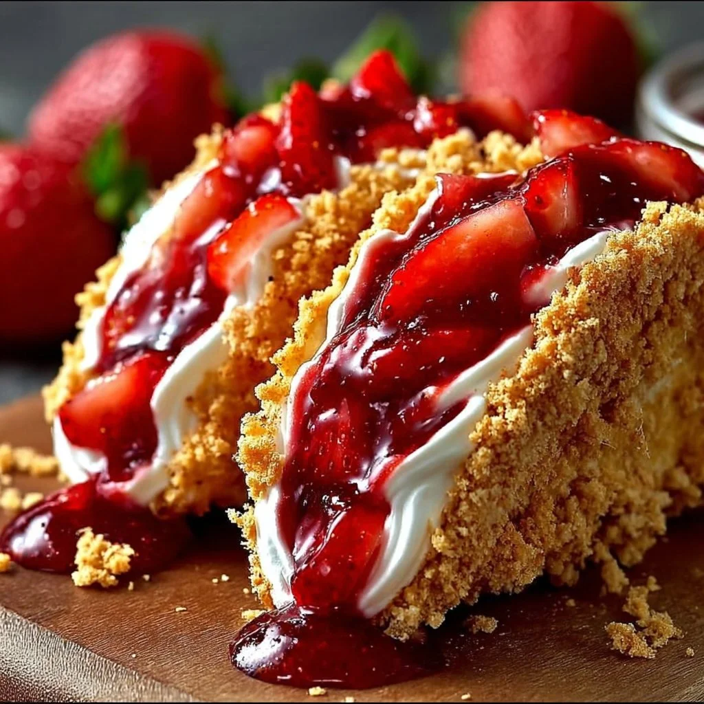 Strawberry crunch cheesecake tacos topped with fresh strawberries and whipped cream.