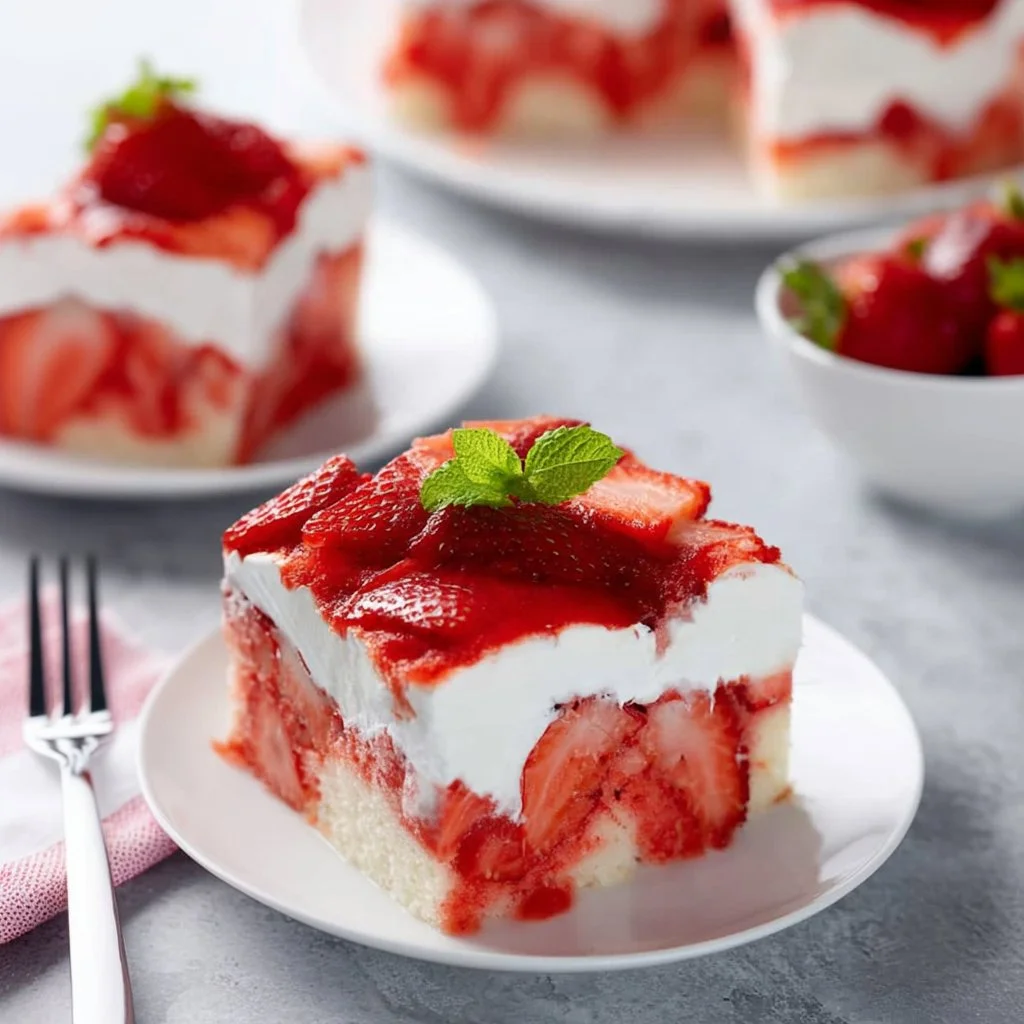 Delicious Strawberry Poke Cake topped with whipped cream and fresh strawberries.