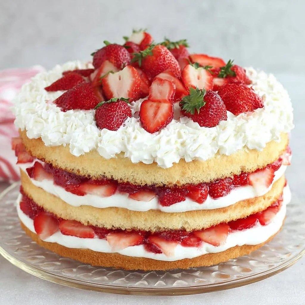Delicious Strawberry Shortcake Cake topped with fresh strawberries and whipped cream.