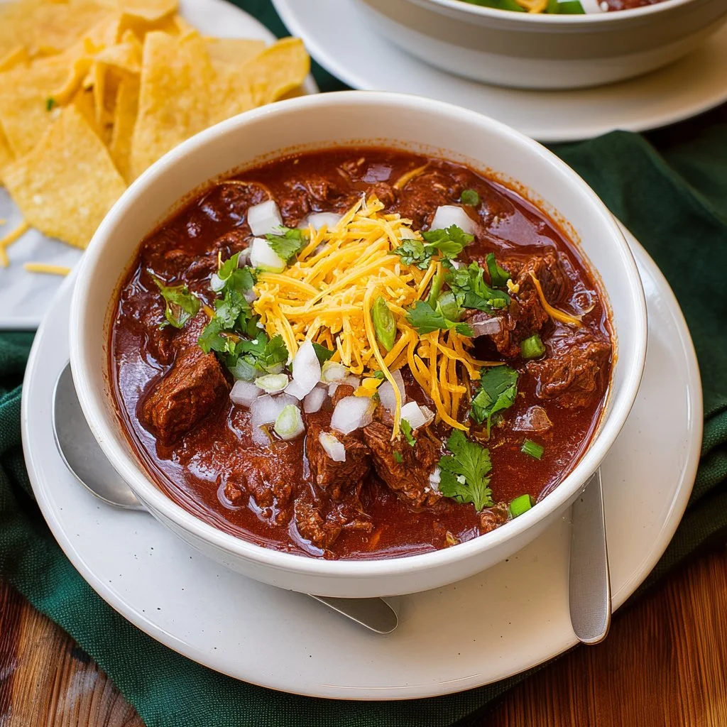 Bowl of Texas chili with meat topped with fresh herbs and spices