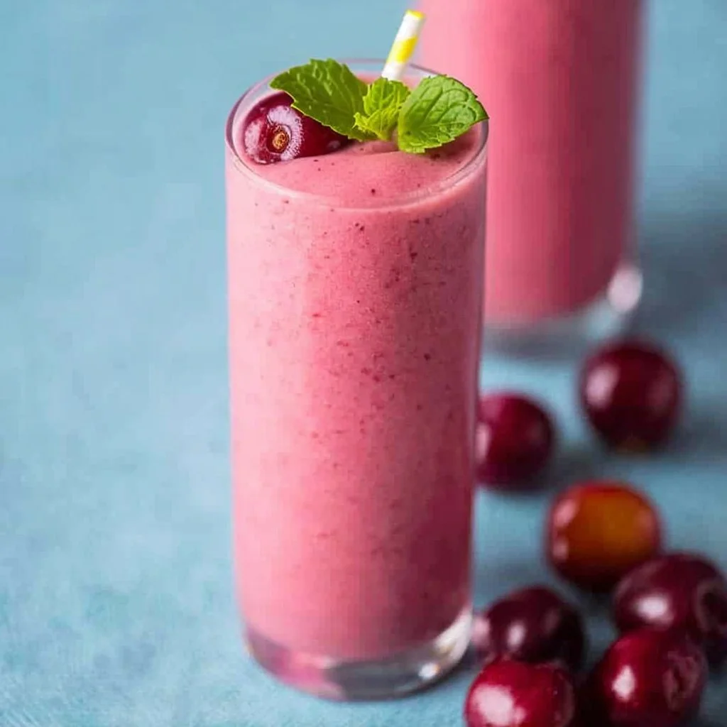 A delicious cherry smoothie made with four simple ingredients in a glass.