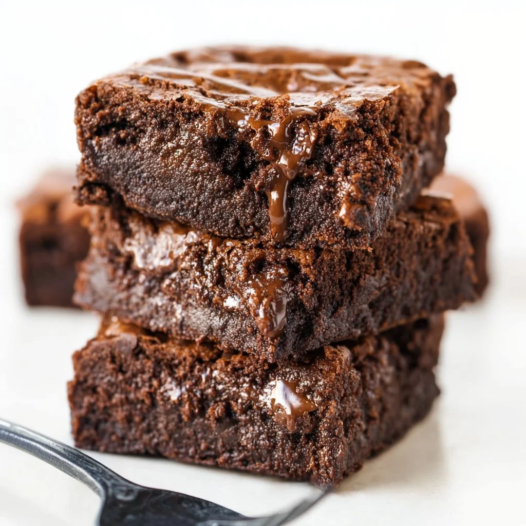 Delicious triple chocolate fudge brownies on a wooden table