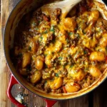 Cheesy one pot beef and potatoes dish served in a bowl, perfect for comfort food.