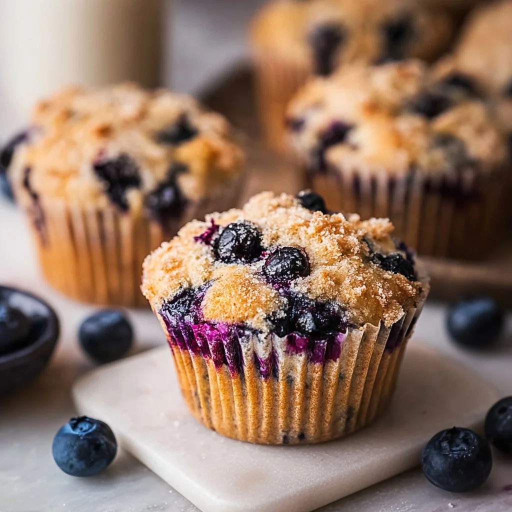 Freshly baked vegan blueberry muffins on a cooling rack