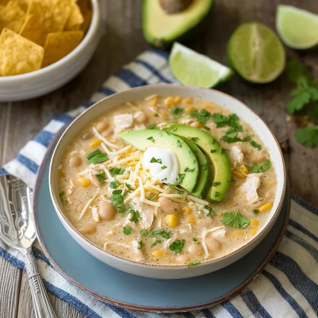 Delicious bowl of white chicken chili topped with cilantro and lime.