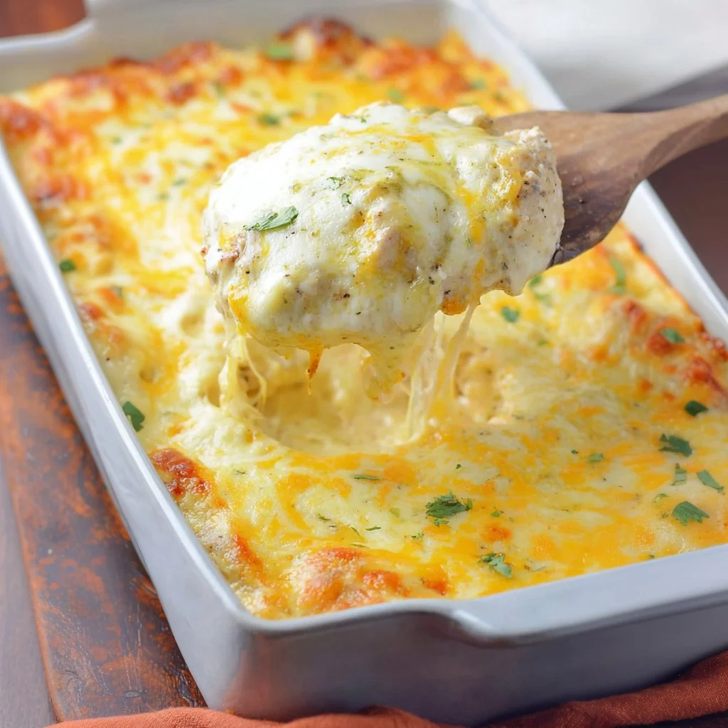 White chicken enchilada casserole garnished with cilantro and served in a baking dish.