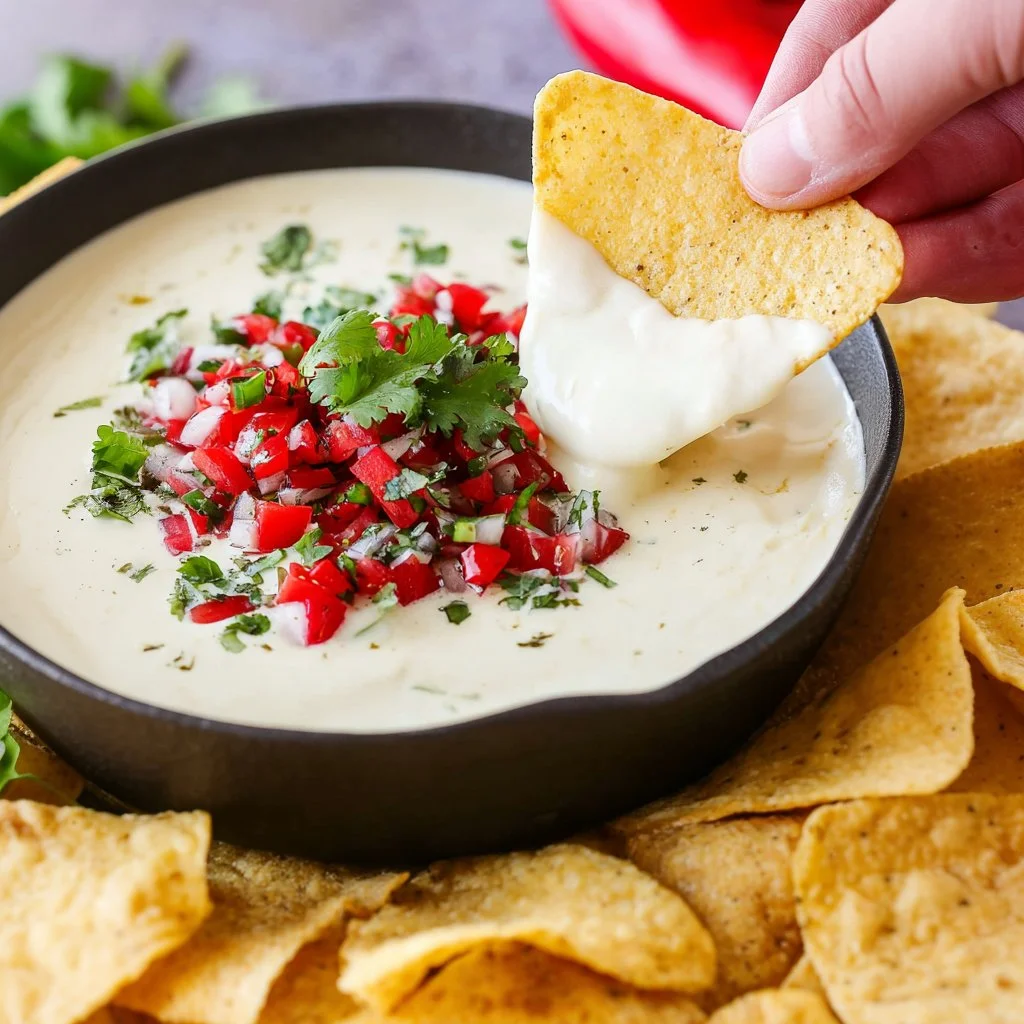 Delicious white queso dip served in a bowl, perfect for dipping.