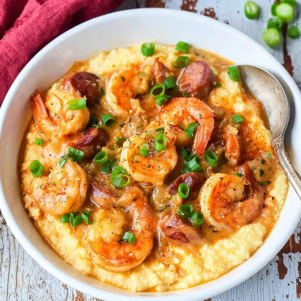 Plate of Cajun shrimp and grits topped with green onions.