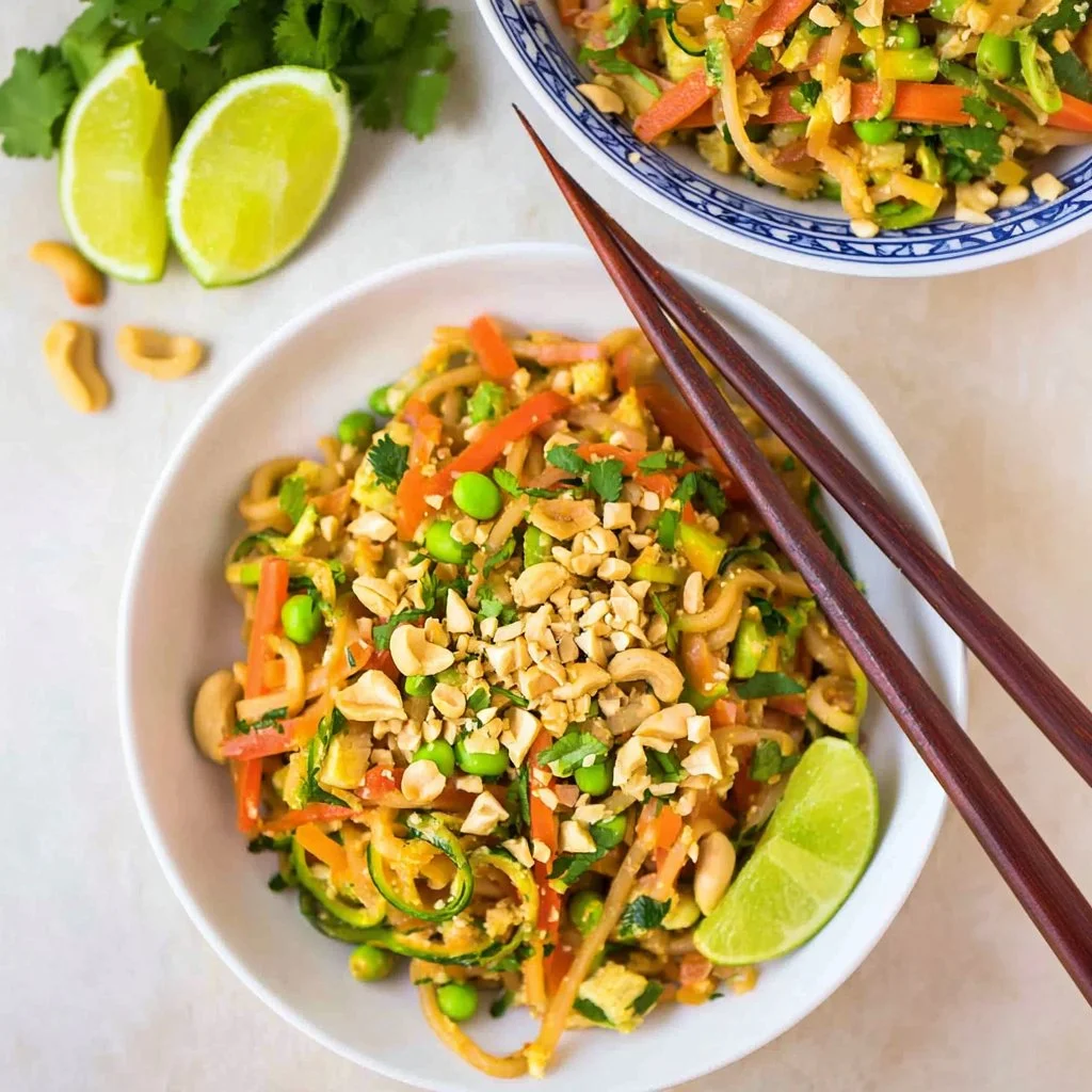 A vibrant vegetarian pad Thai dish garnished with fresh herbs and lime.
