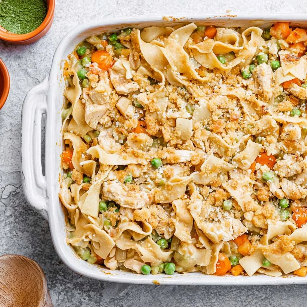 Delicious chicken pot pie casserole served in a cozy kitchen setting