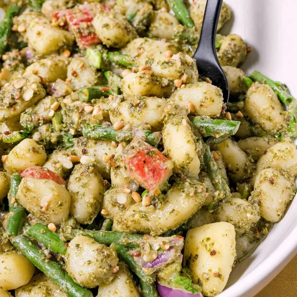 A cozy bowl of pesto gnocchi garnished with fresh basil and parmesan cheese