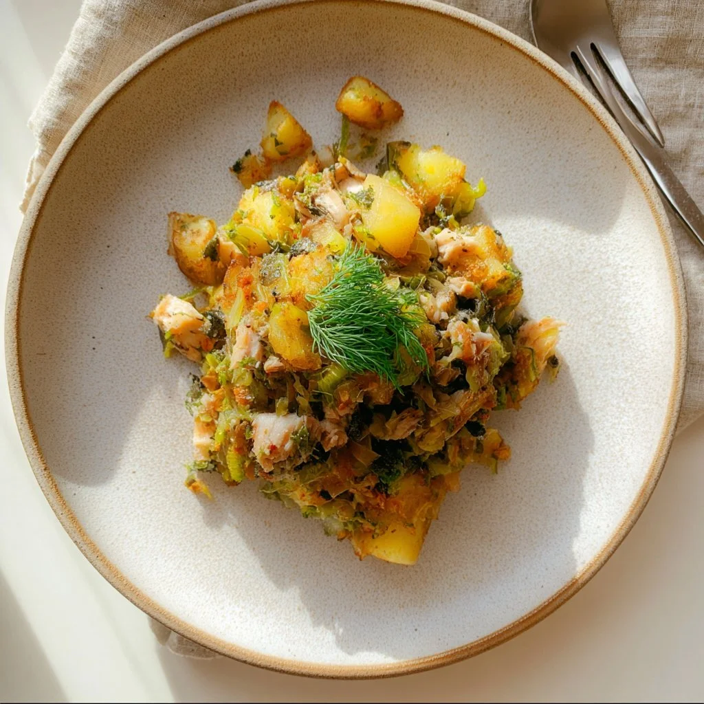 Delicious bowl of smoked mackerel and leek hash garnished with herbs