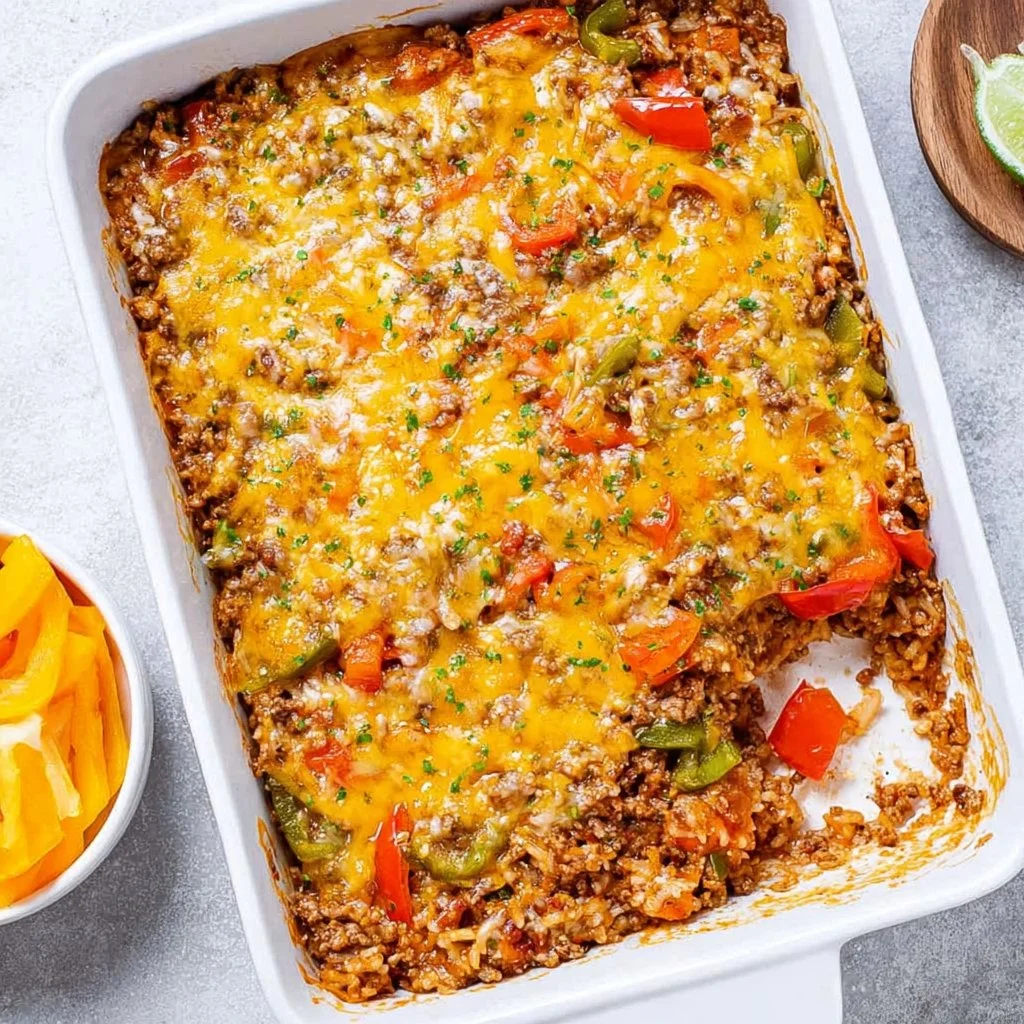 Delicious stuffed pepper casserole topped with cheese and herbs
