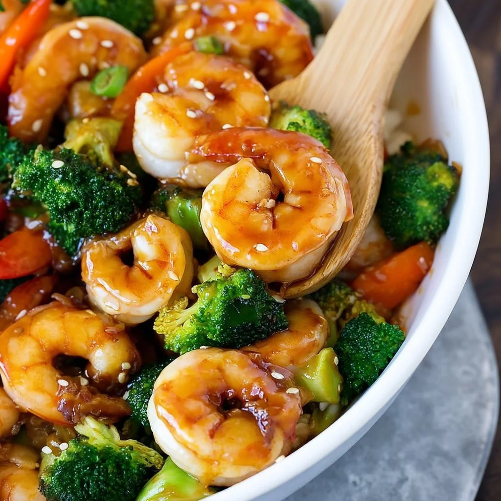 Honey garlic shrimp stir fry served in a colorful dish with fresh vegetables