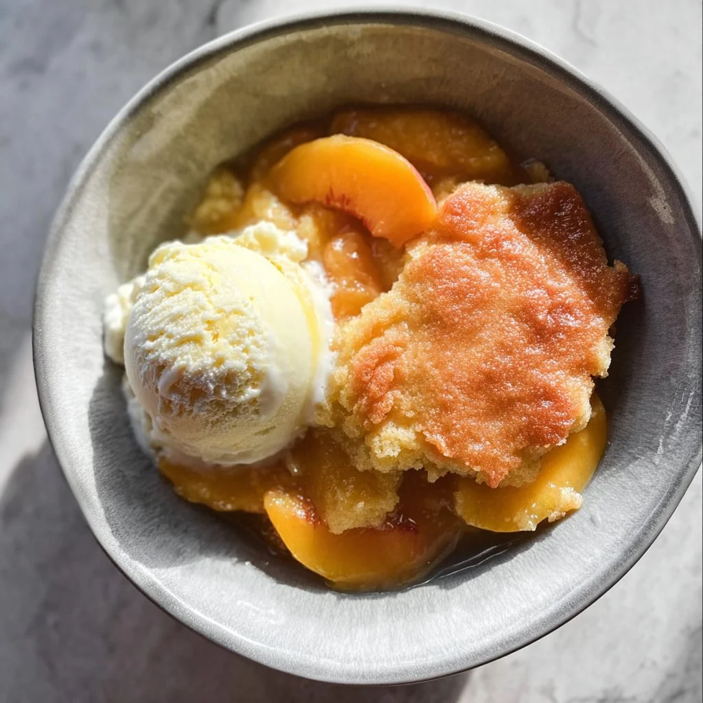 Delicious homemade peach cobbler served warm with a scoop of vanilla ice cream