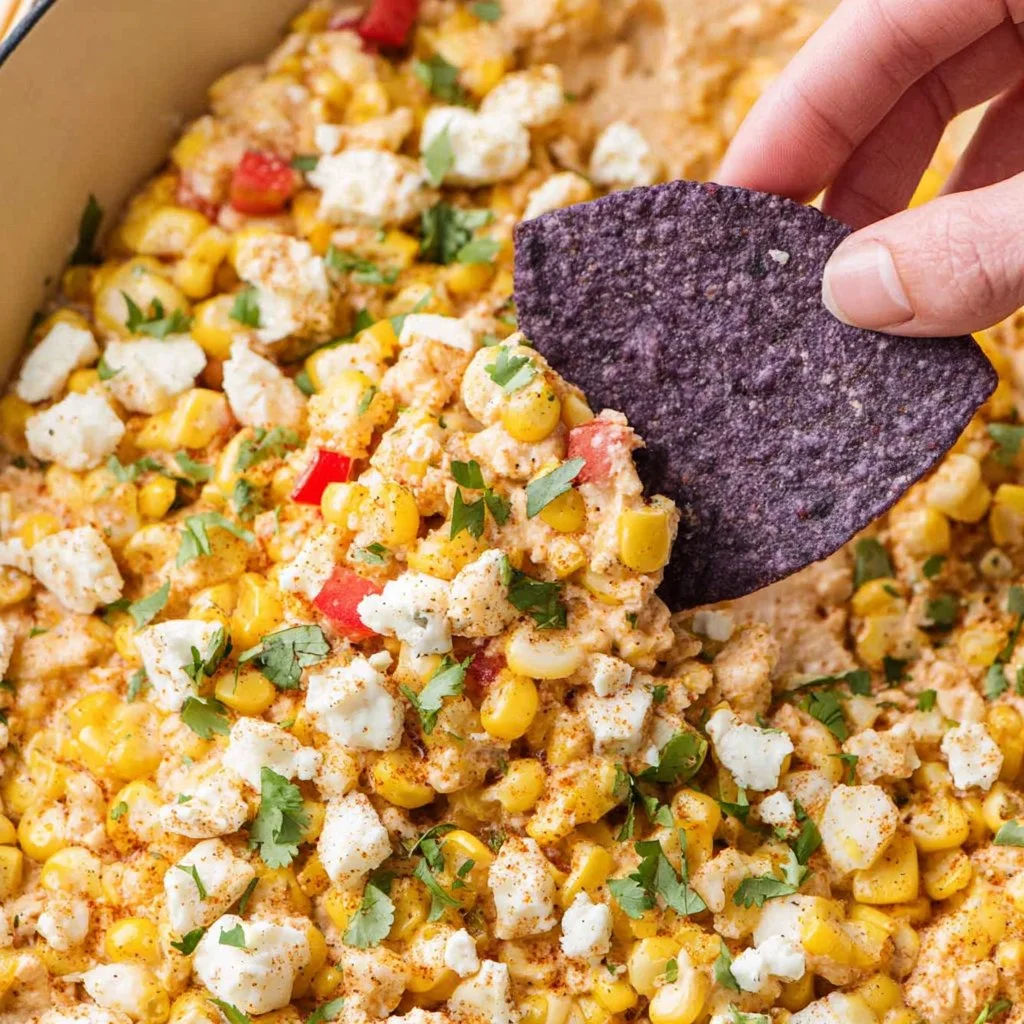 Delicious Mexican street corn dip served in a bowl with toppings