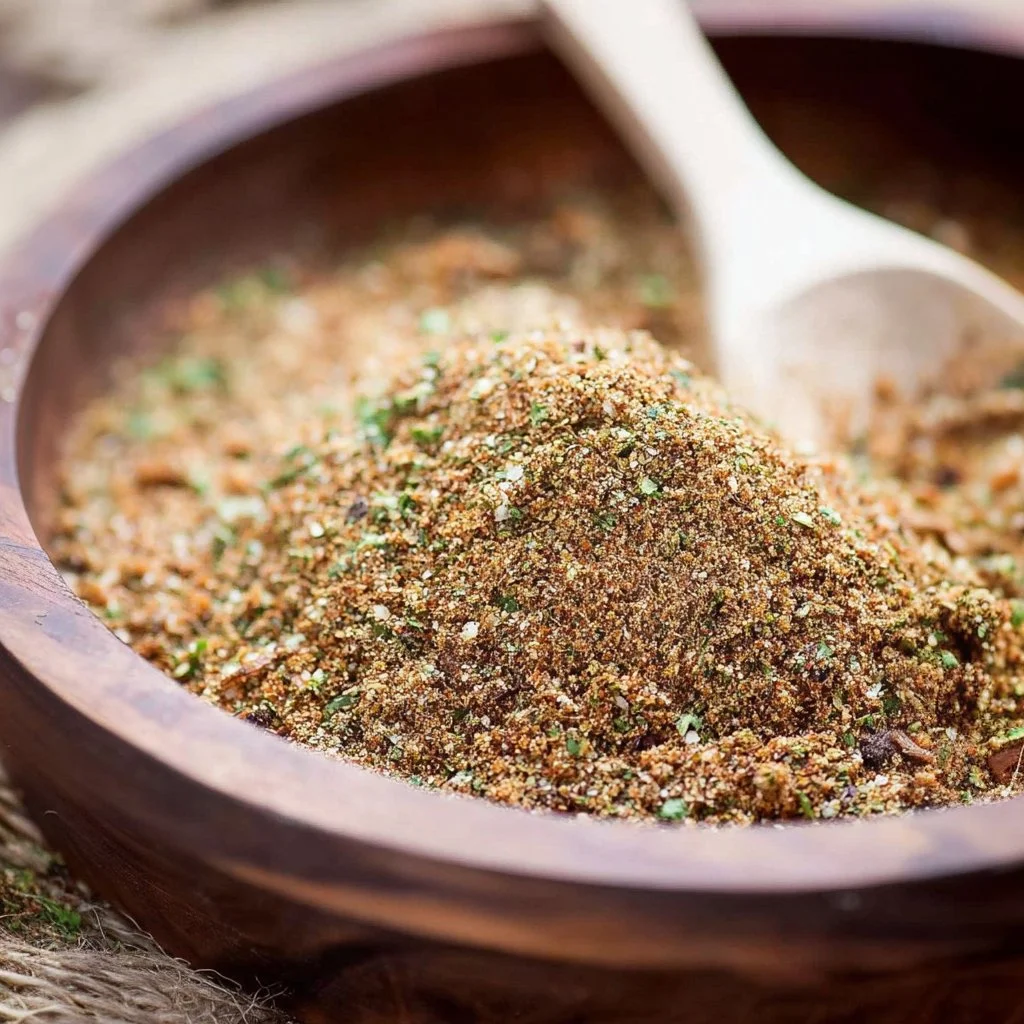 Homemade Jamaican Jerk Seasoning in a bowl with fresh herbs and spices