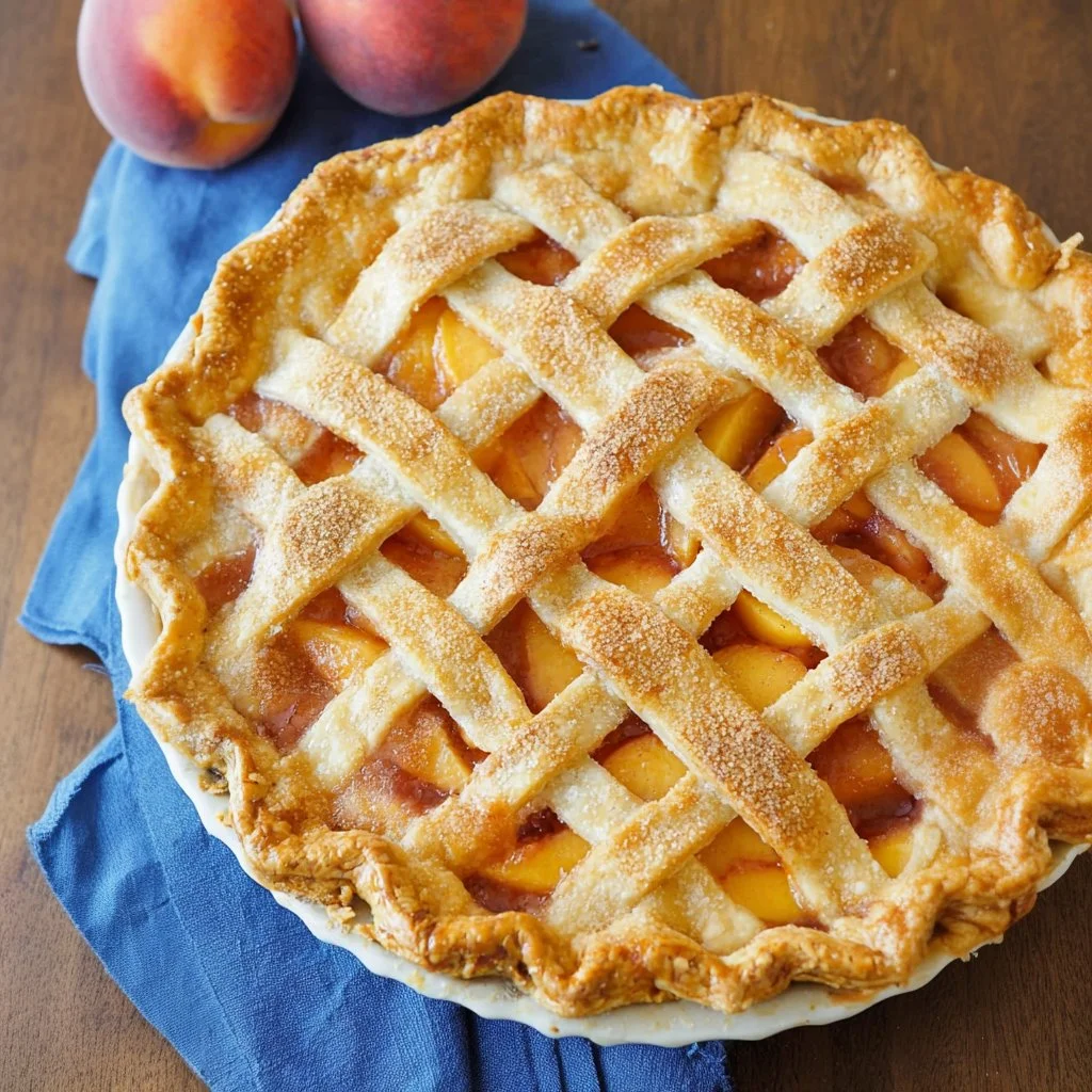 A delicious homemade peach pie freshly baked, ready to serve.