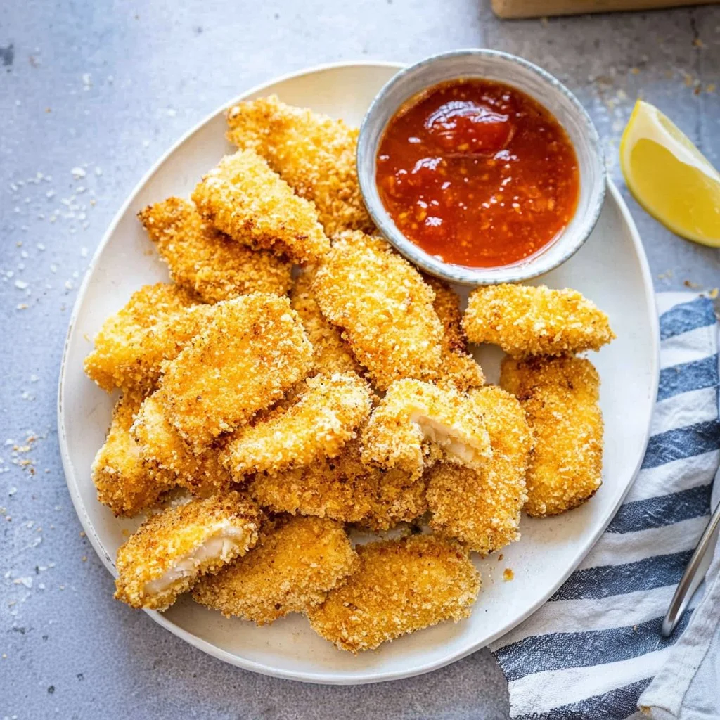 Crispy air fryer chicken nuggets served with dipping sauce