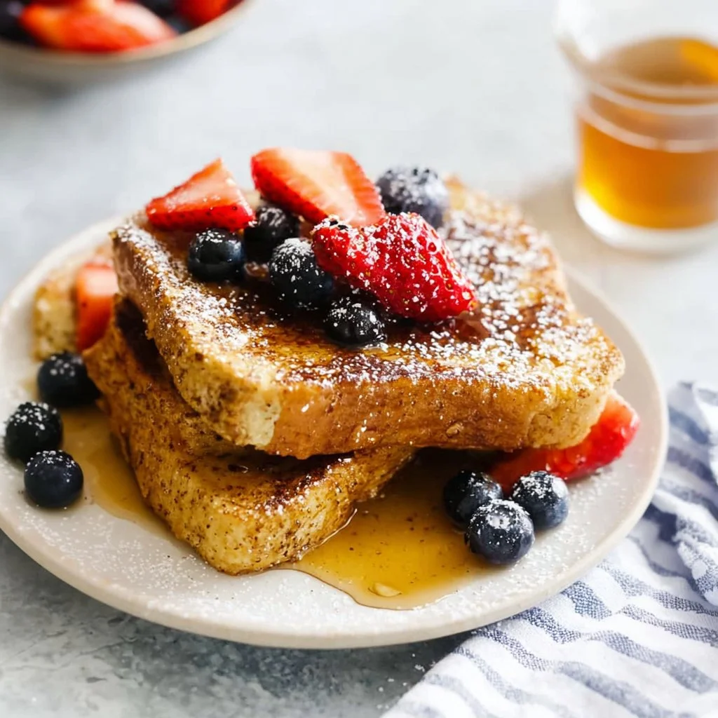 Air Fryer French Toast served with syrup and fresh berries