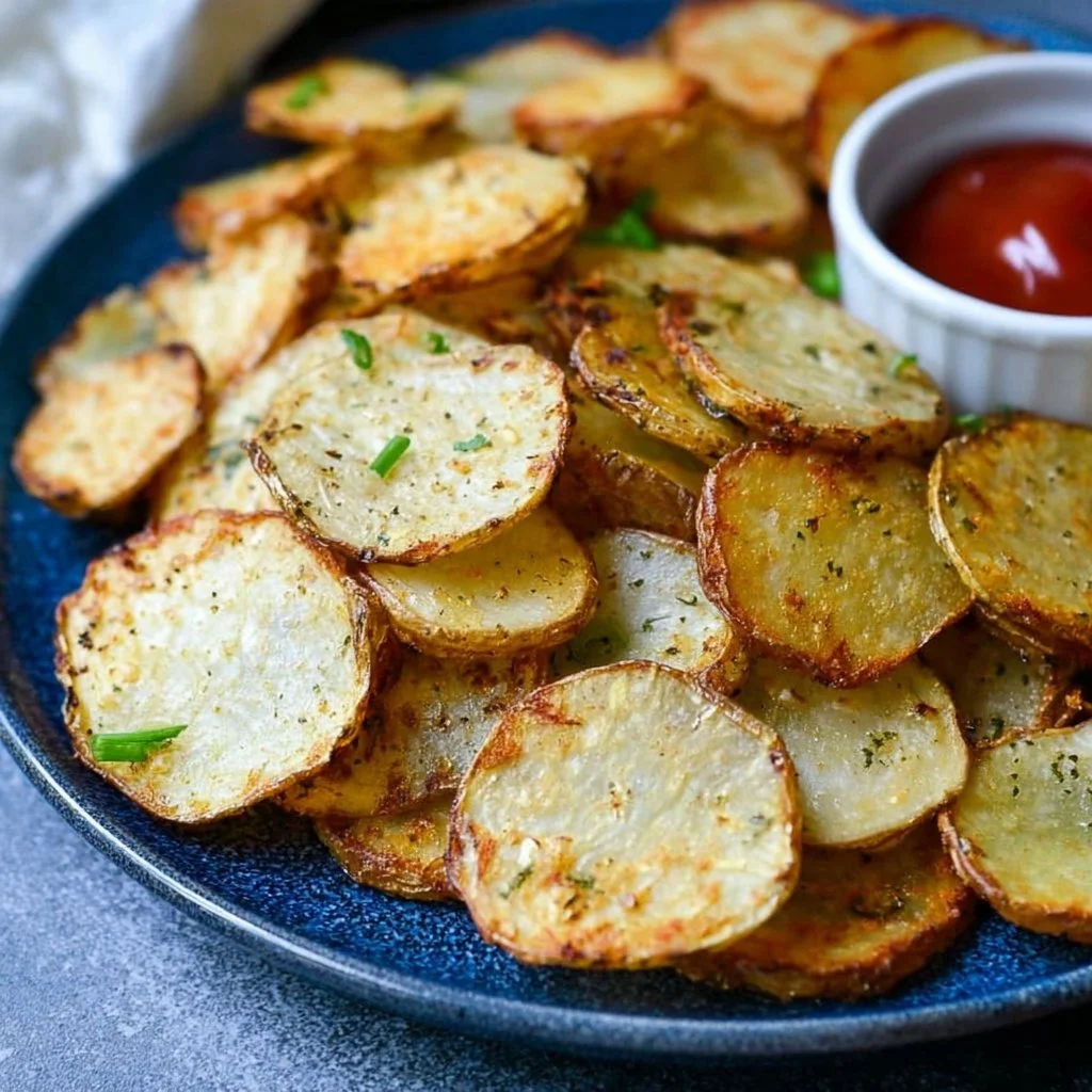 Crispy air fryer sliced potatoes served on a plate