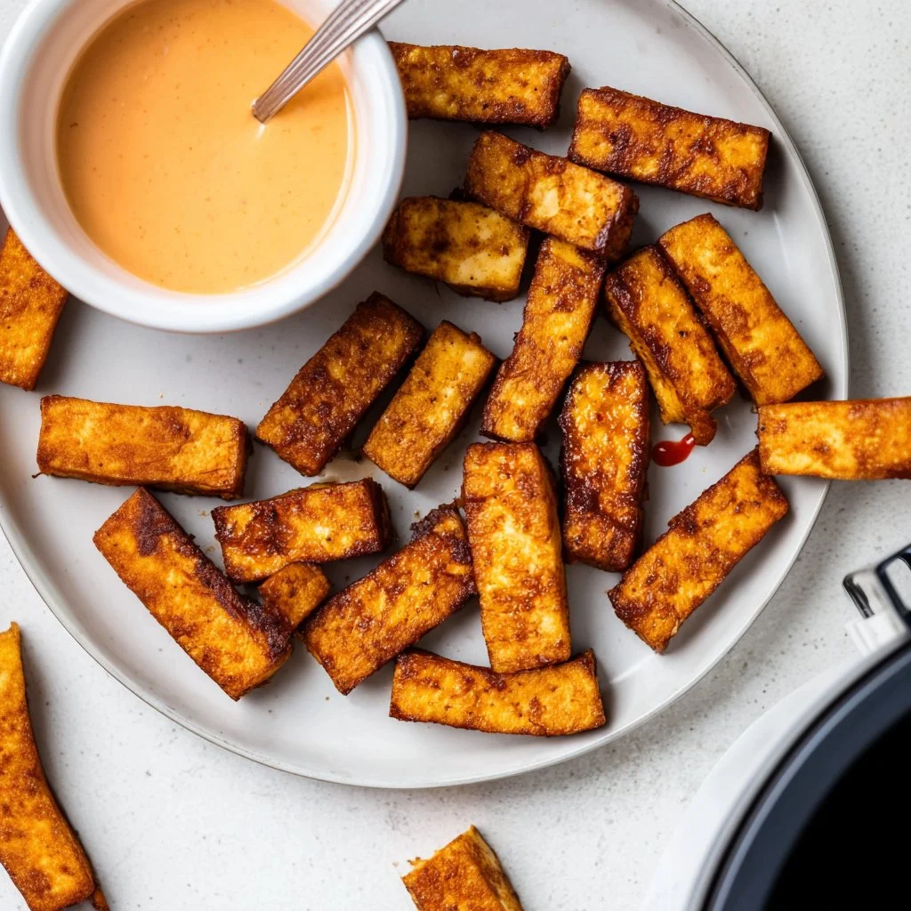 Crispy Air Fryer Tofu garnished with herbs on a plate