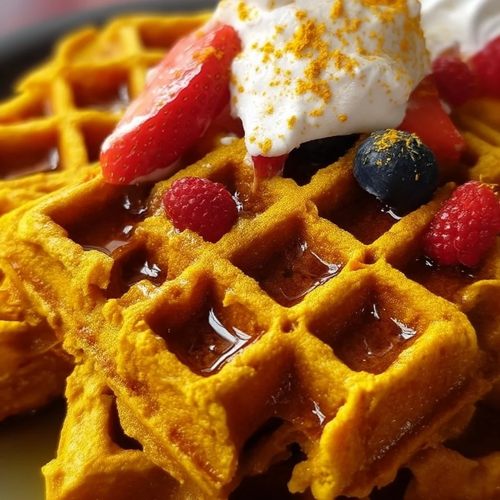 Delicious anti-inflammatory turmeric waffles topped with fresh fruits