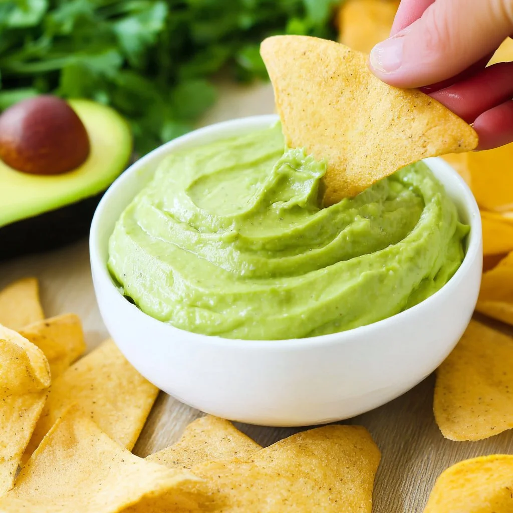 Delicious avocado dip served in a bowl with tortilla chips