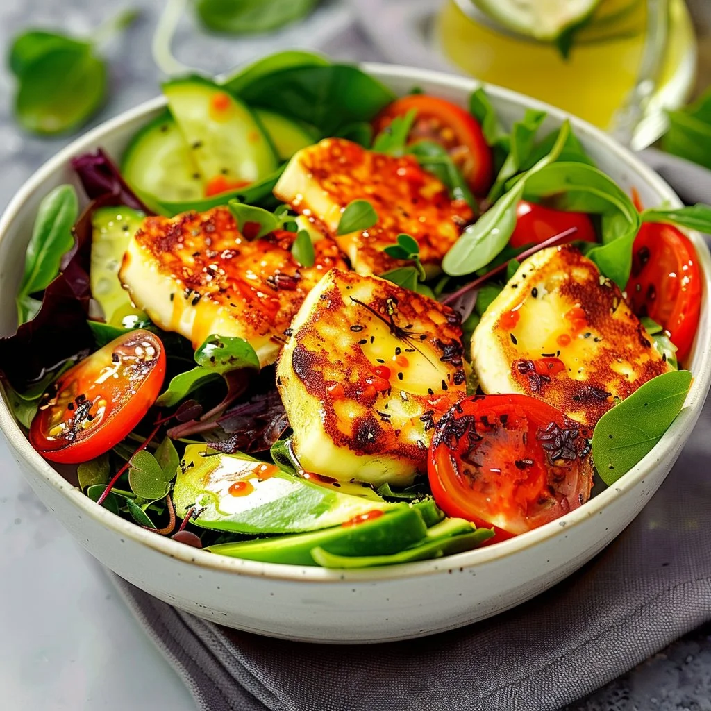 Colorful Avocado Halloumi Salad with Mediterranean Dressing on a plate