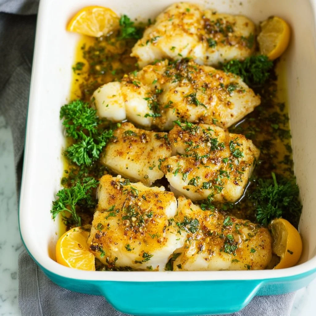 Baked cod with garlic and herbs on a plate garnished with fresh parsley