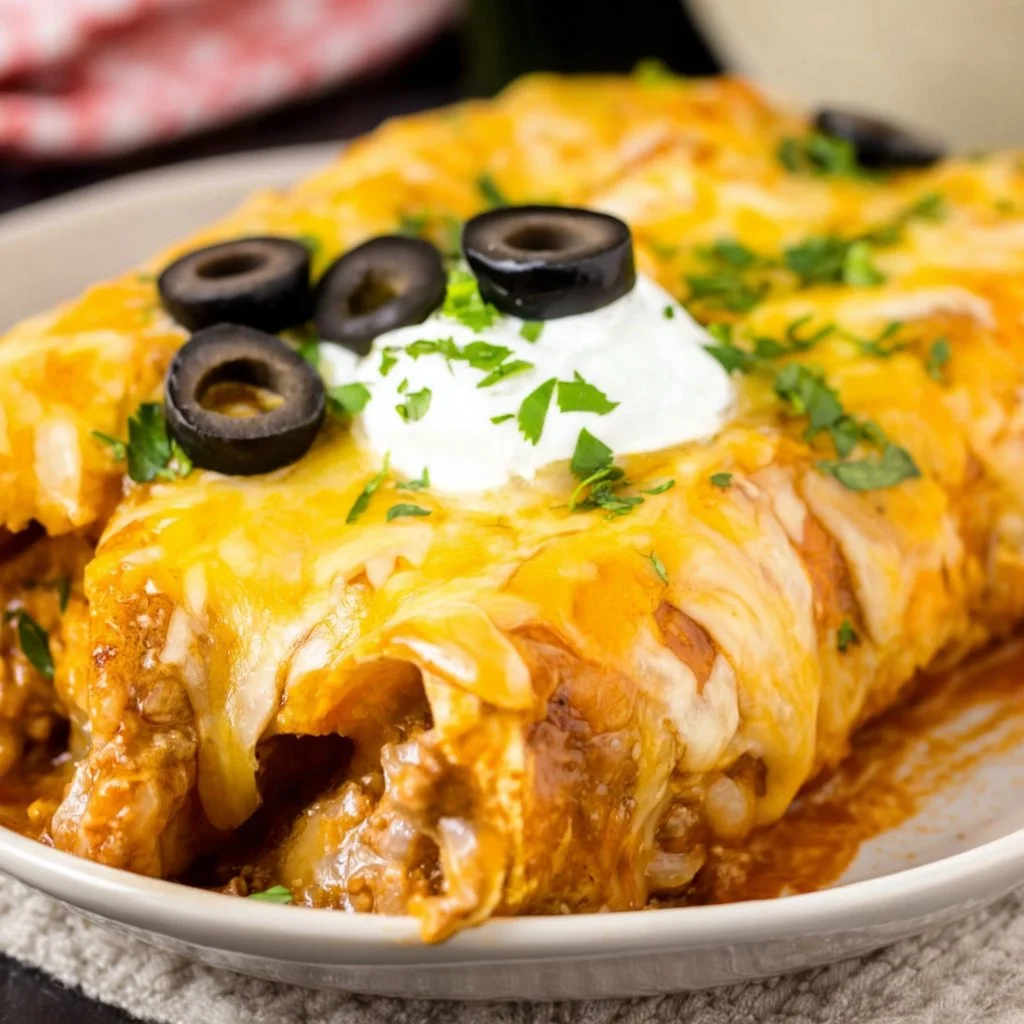 Deliciously baked enchiritos topped with cheese and flavorful sauce