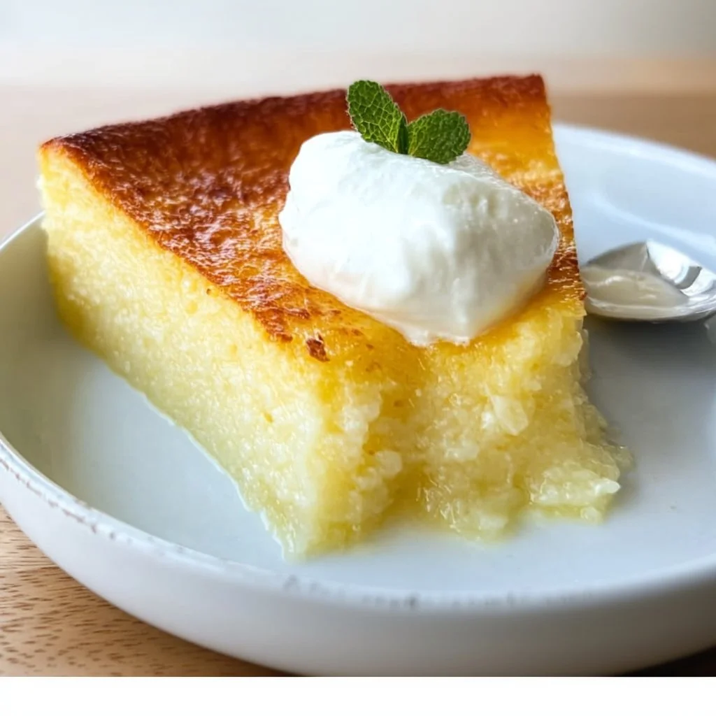 Delicious Baked Lemon Pudding served in a bright dish with a lemon garnish