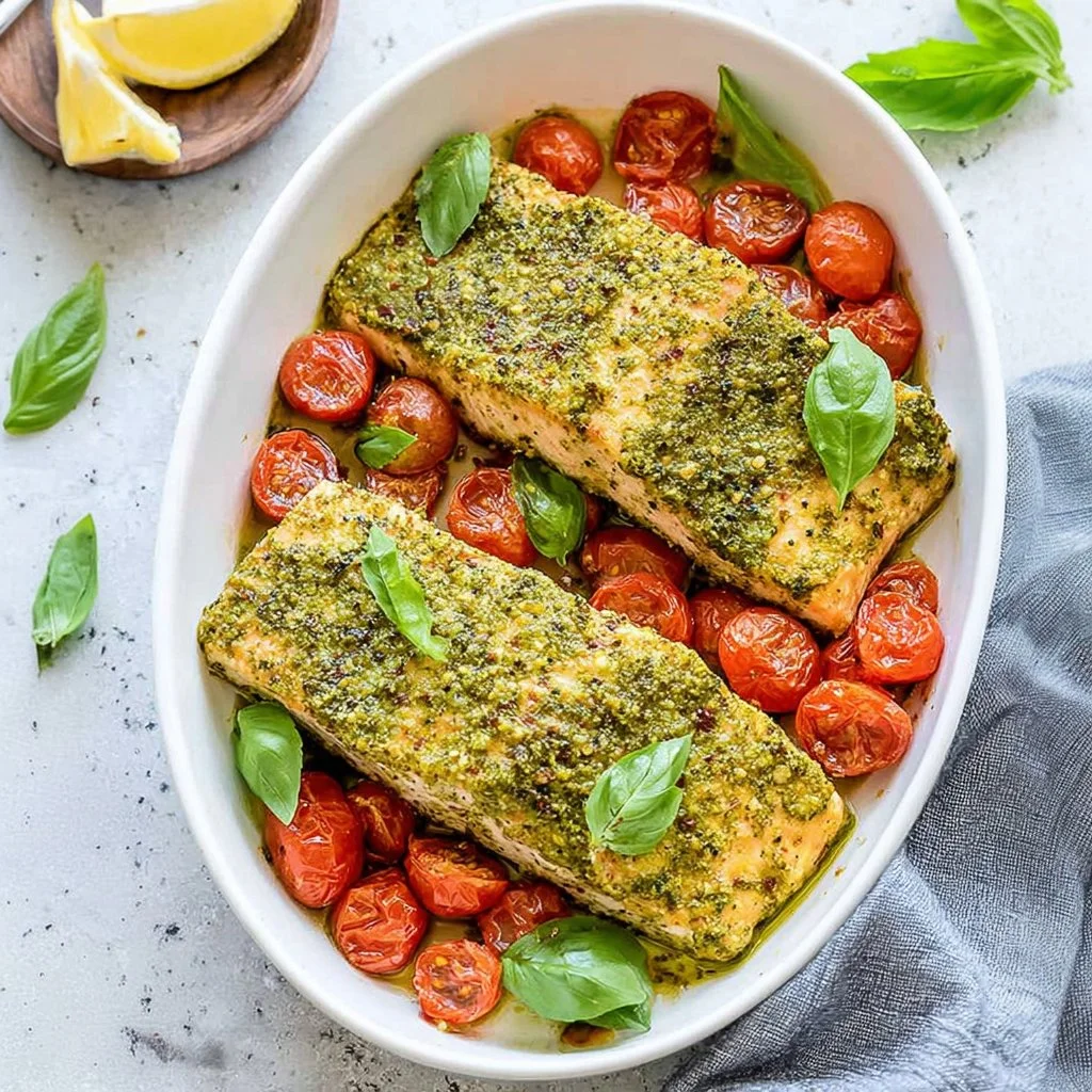 Delicious baked pesto salmon garnished with fresh herbs and served on a plate.