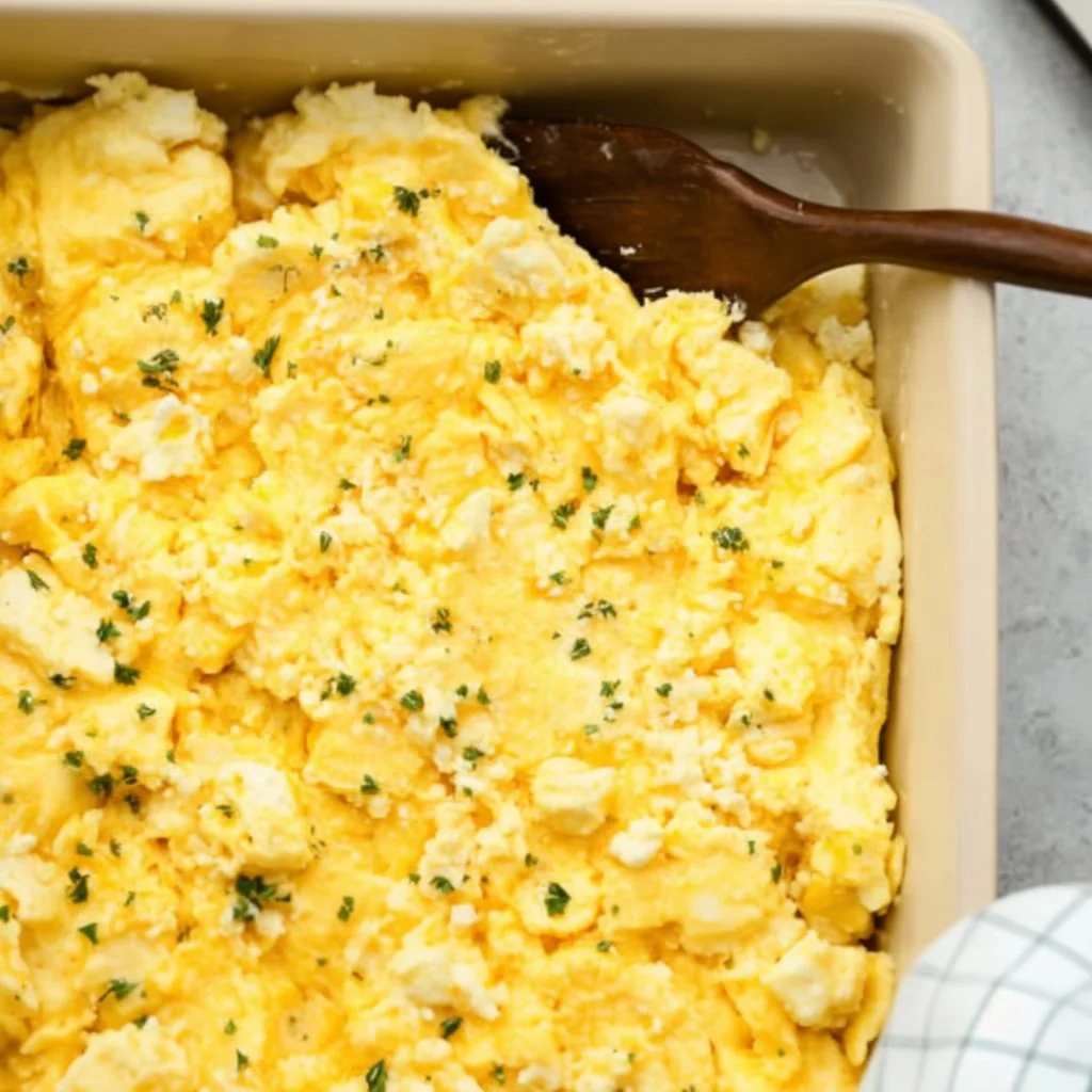 Delicious baked scrambled eggs served in a cozy dish
