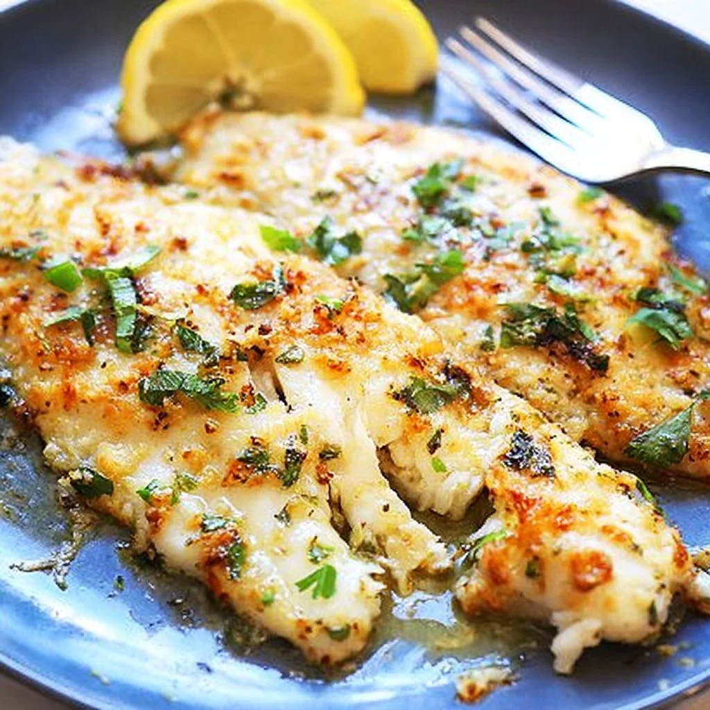 Deliciously baked tilapia fillet served on a plate with lemon and herbs.