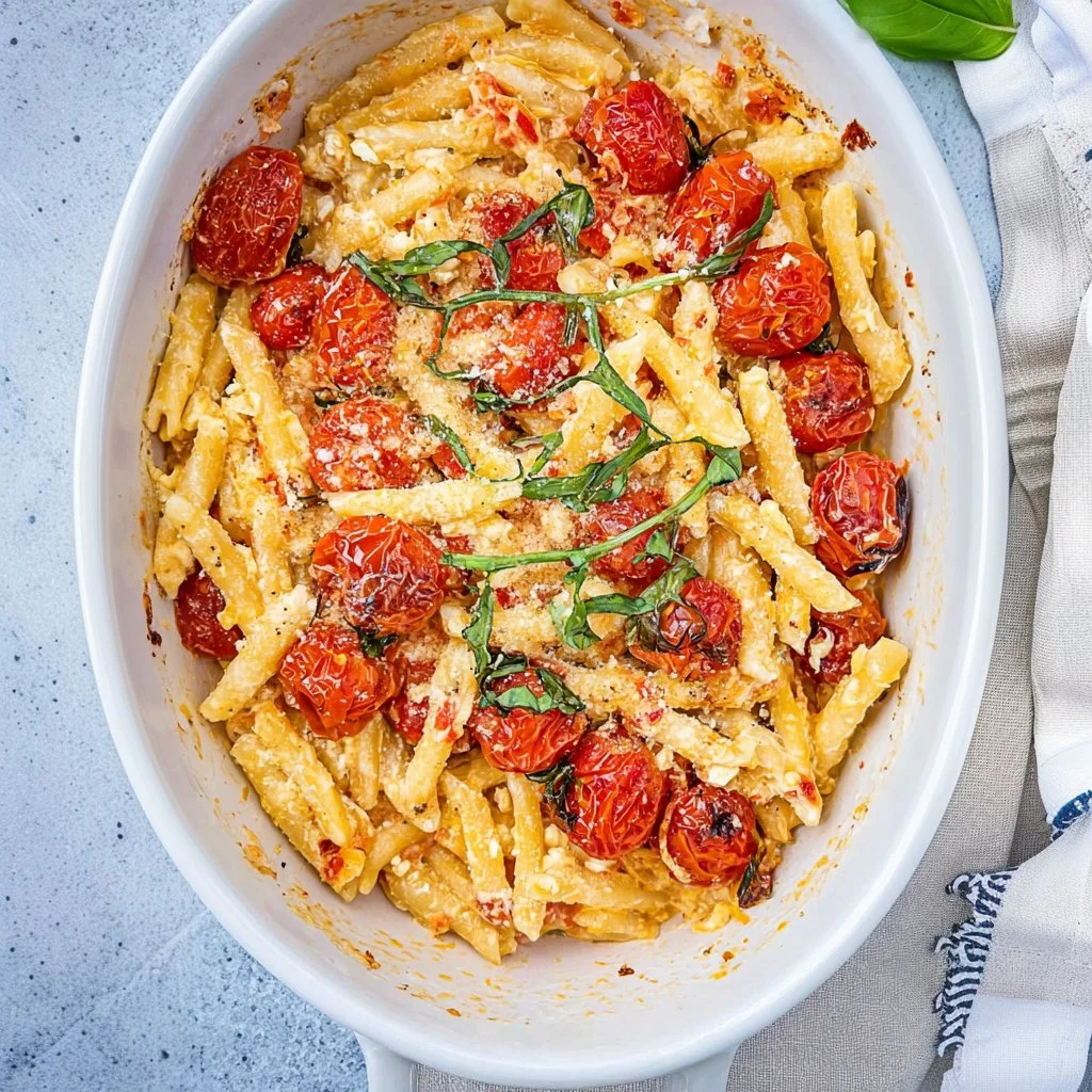 Delicious baked tomato feta pasta served in a bowl, garnished with fresh basil.