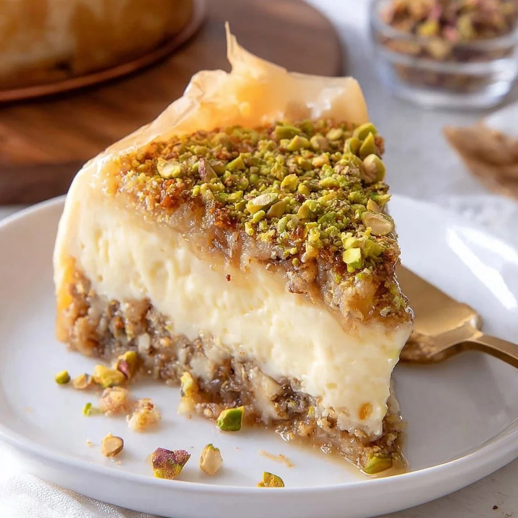 Delicious Baklava Cheesecake topped with nuts and honey drizzle