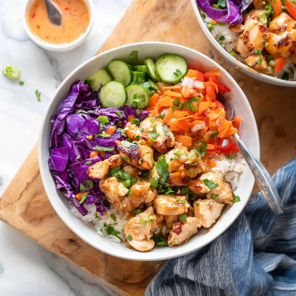Delicious Bang Bang Chicken Bowls with spicy sauce and fresh ingredients.