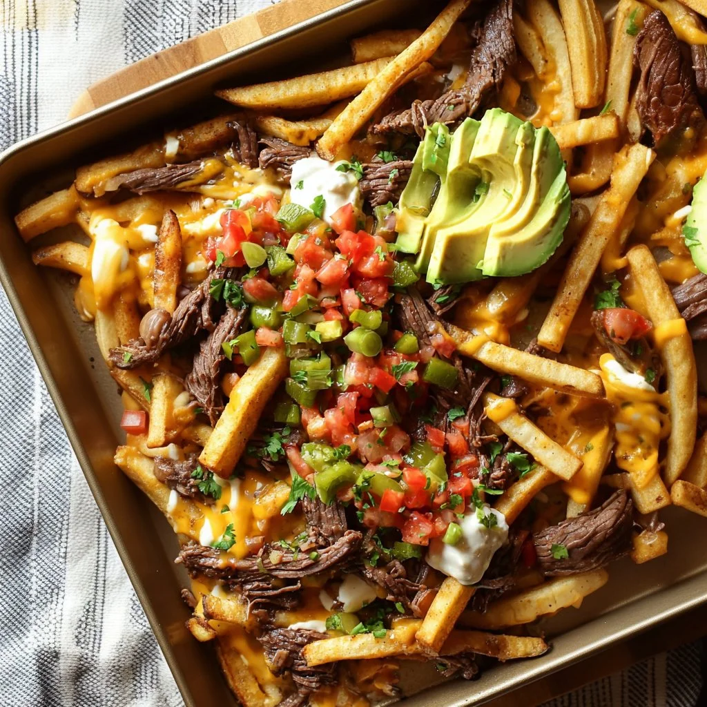 Delicious beef roast fries served with savory toppings